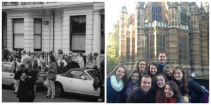 Samford students outside the Daniel House in 1997 and Samford students in London, Fall 2013. Photographs courtesy of Marlene Rikard and Blakely Lloyd.